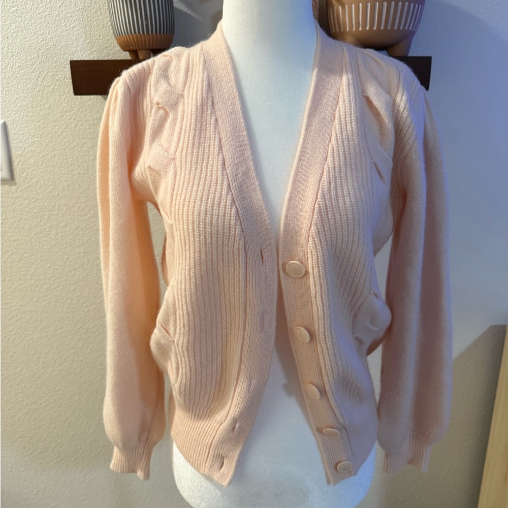 Vintage Adele Joyce Petites Pink Cardigan – 80s Puff Sleeve Cable Knit
